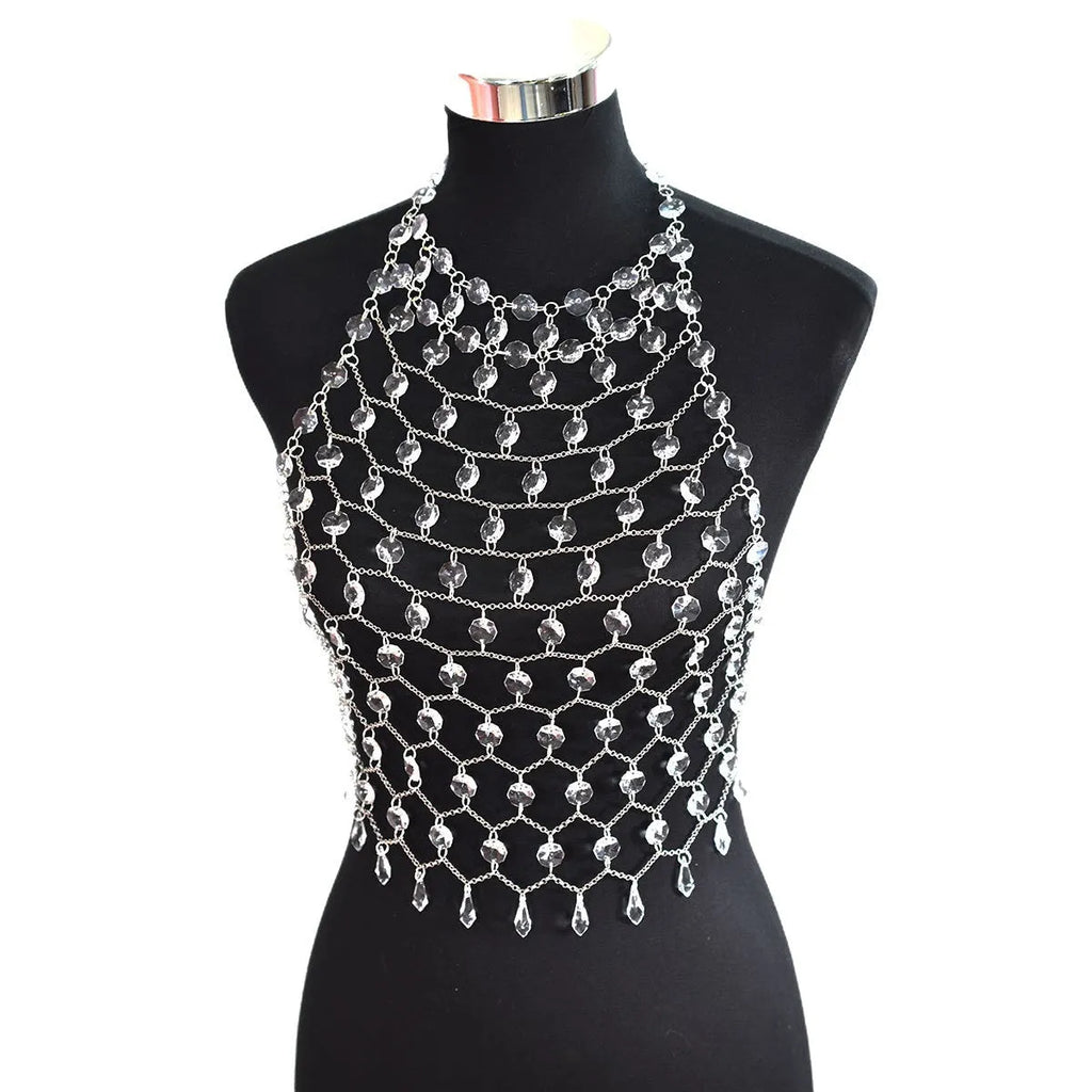 Hand-woven acrylic crystal sequins transparent body chain chest necklace round beads