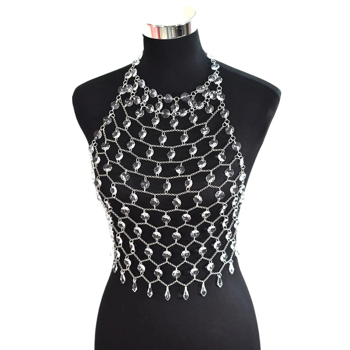 Hand-woven acrylic crystal sequins transparent body chain chest necklace round beads