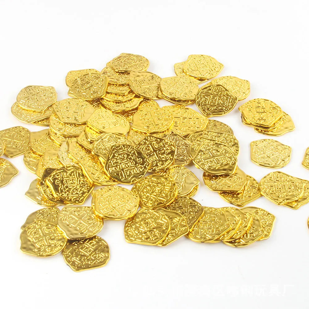 Plastic Roman coin replicas in bronze, gold, and silver electroplated finishes