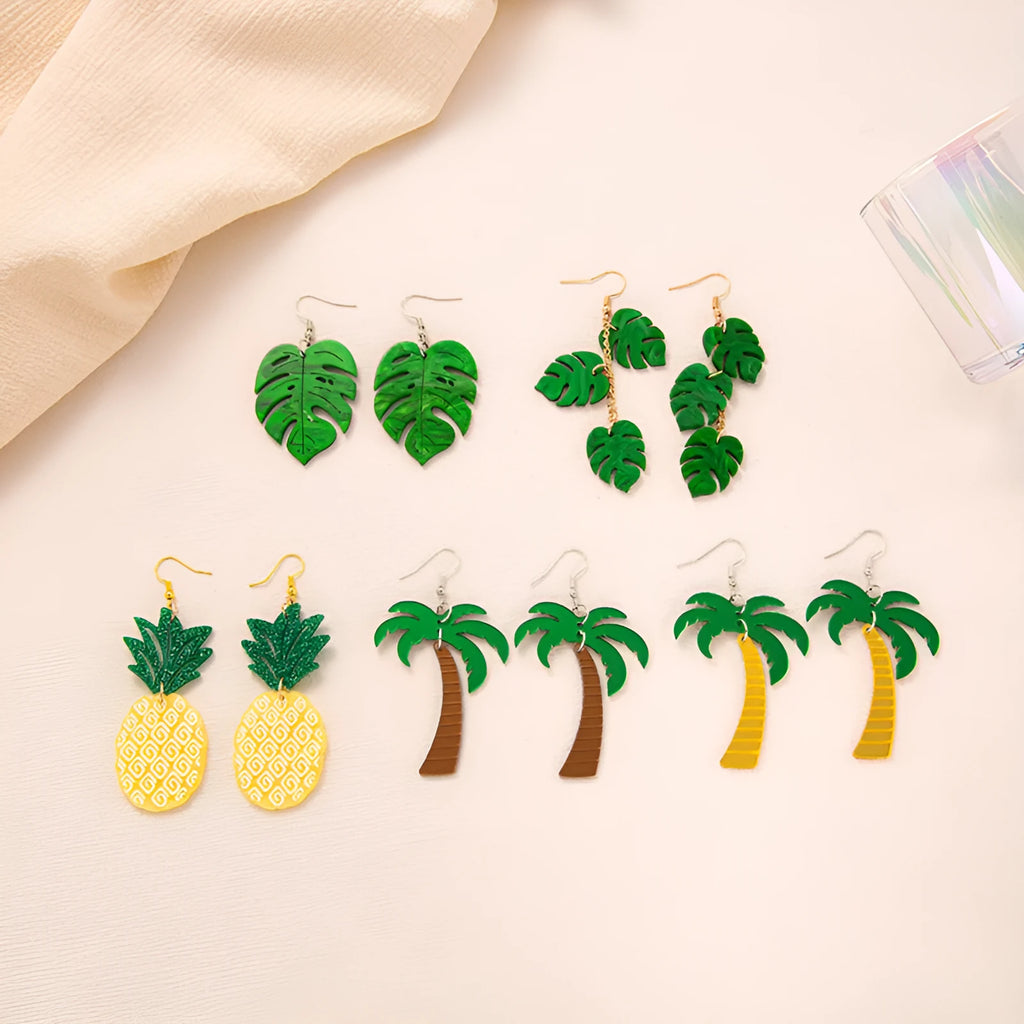 Acrylic drop earrings with coconut design on alloy hooks, shown in five colour variations.