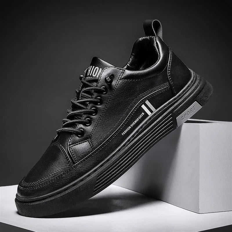 Men's white low-top skate shoes with an elastic band and round toe, on a rubber sole.