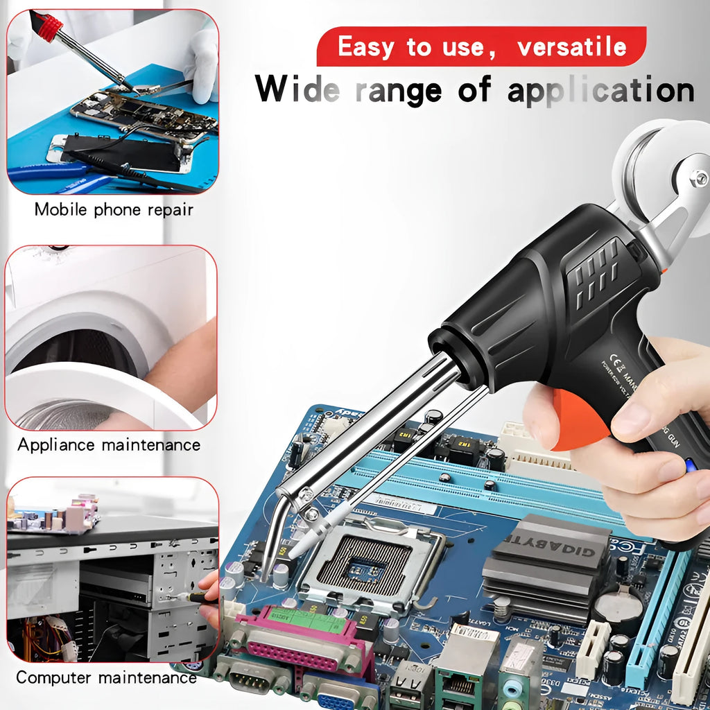 Black soldering gun set with LED light, alloy construction, five pieces including soldering iron and accessories