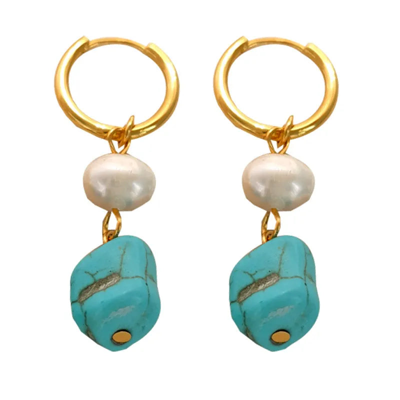 Geometric cultured pearl and turquoise clip earrings in long and short styles