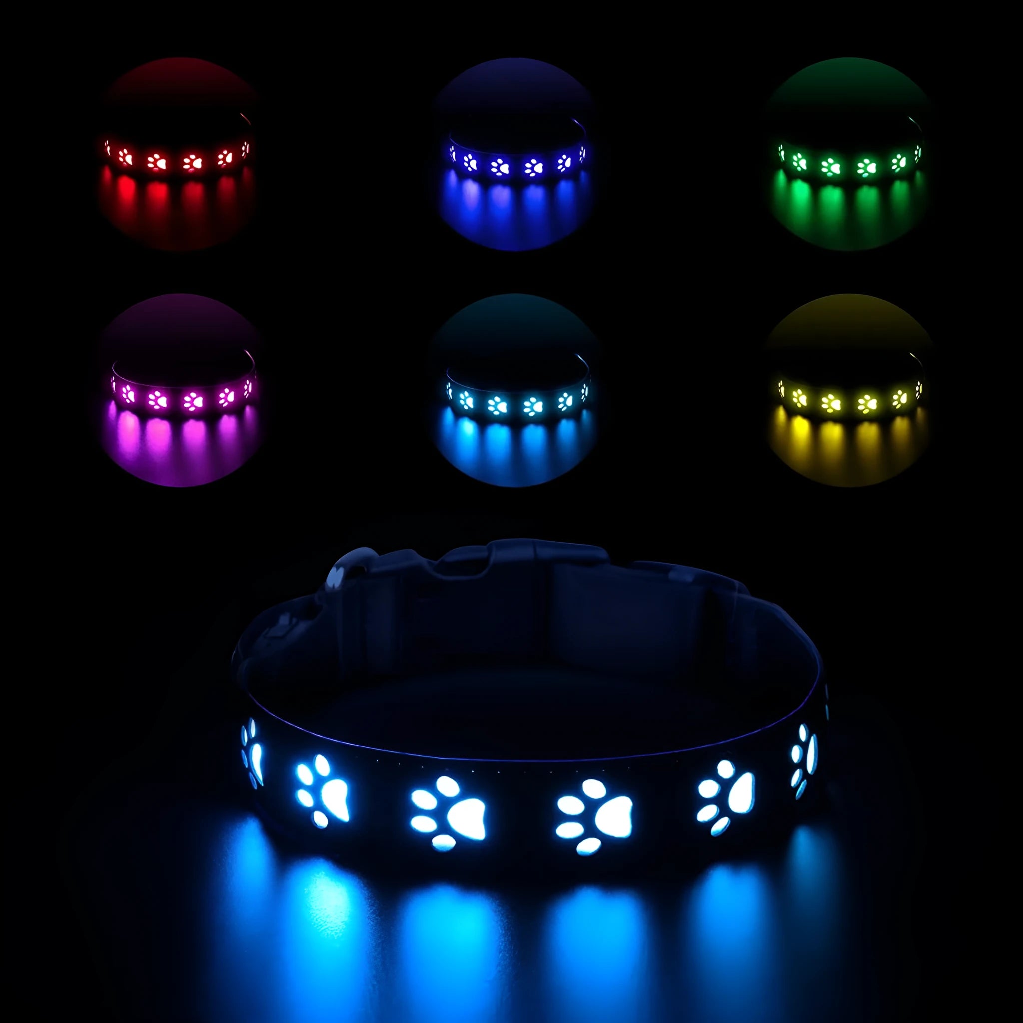 LED luminous cat collar with paw print charm showing 7 colour-changing lights on a grey background.