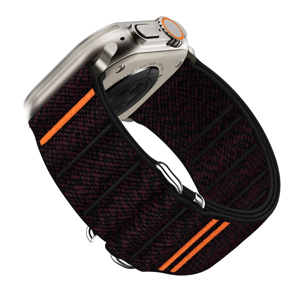 Elastic nylon sport loop strap with stainless steel buckle for Apple Watch, shown in multiple colour options.