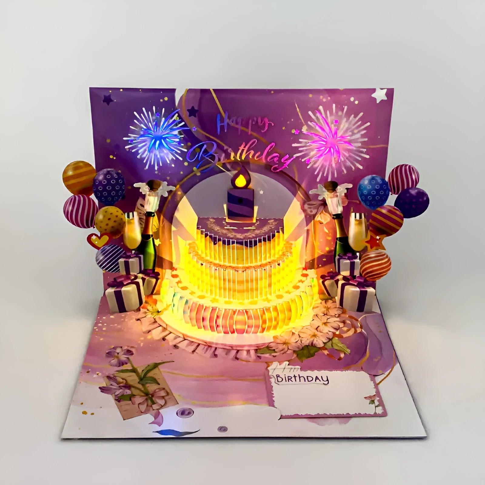 Chinese ink style 3D pop-up cake greeting card with music mechanism showing open and closed views