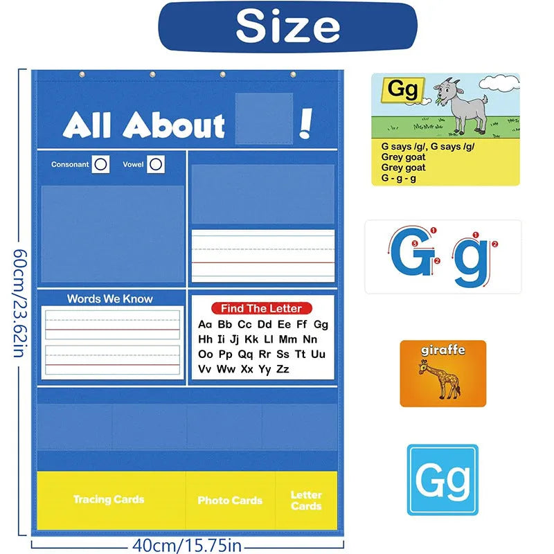 Alphabet learning chart playmat with word, letter, picture, and song cards laid out.