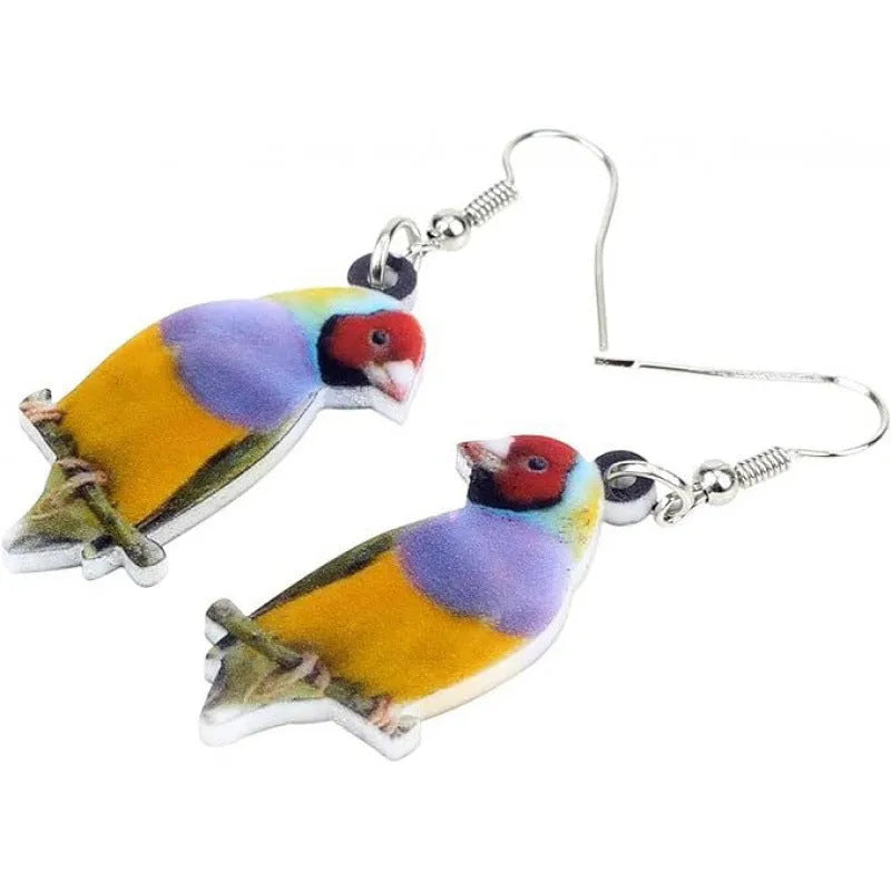 Acrylic blue titmouse pendant earrings with geometric animal zodiac designs and snake pattern details