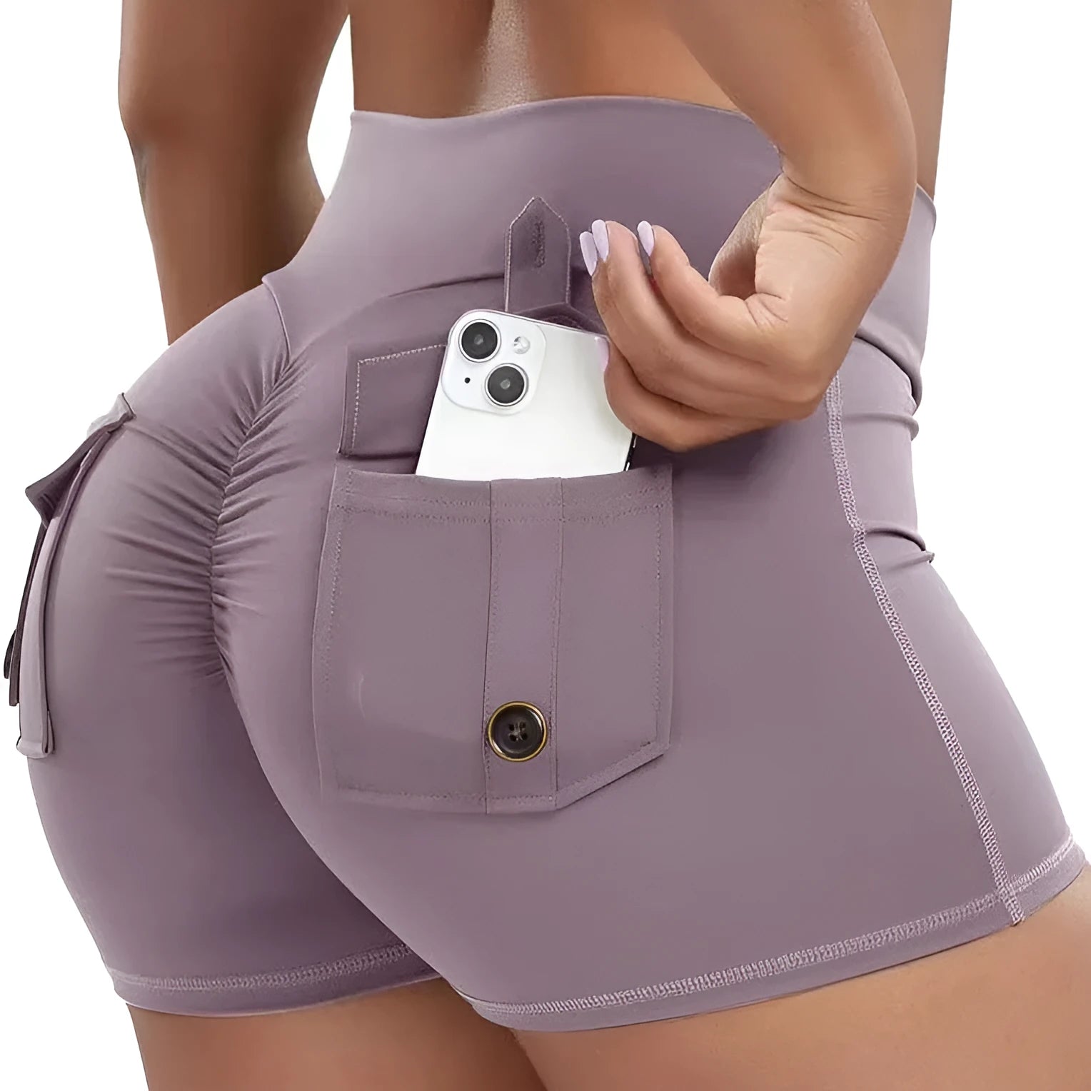 Women's workout shorts with peach hip tight fit in black, front view, for running and yoga