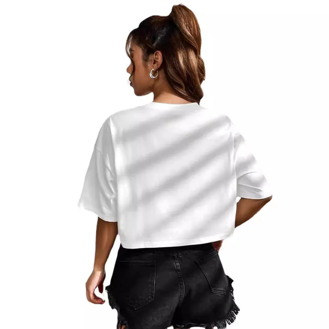 Women's personalised letter t-shirt with exposed navel design in black cotton fabric