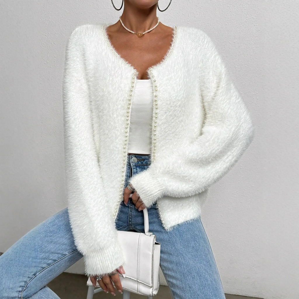 White women's V-neck cardigan with beaded knit detail and regular length