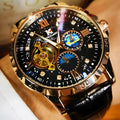 Men's black and rose gold automatic watch with a skeleton dial and leather strap.