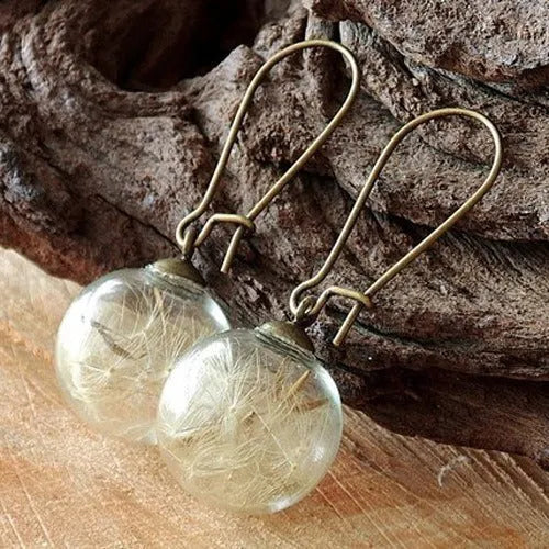 Transparent glass ball earrings with dandelion seed design on French hooks, 16mm diameter