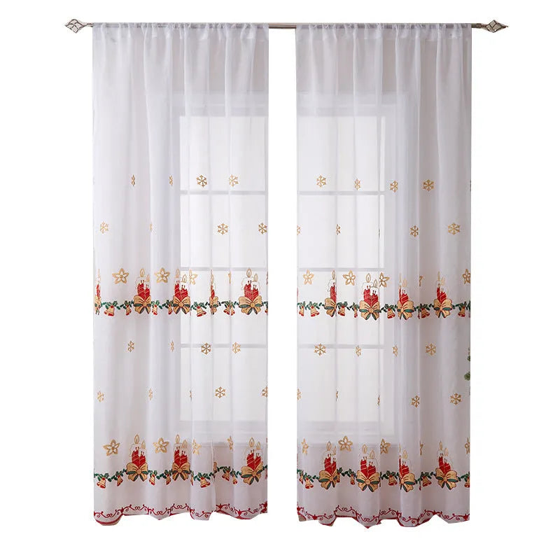 Pair of American-style Christmas curtains with white snowflake embroidery on red fabric, hanging as a semi-sunshade window covering.