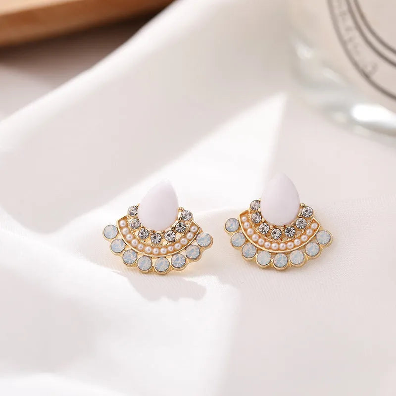 Women's retro fan-shaped geometric silver earrings with rhinestone accents on alloy construction