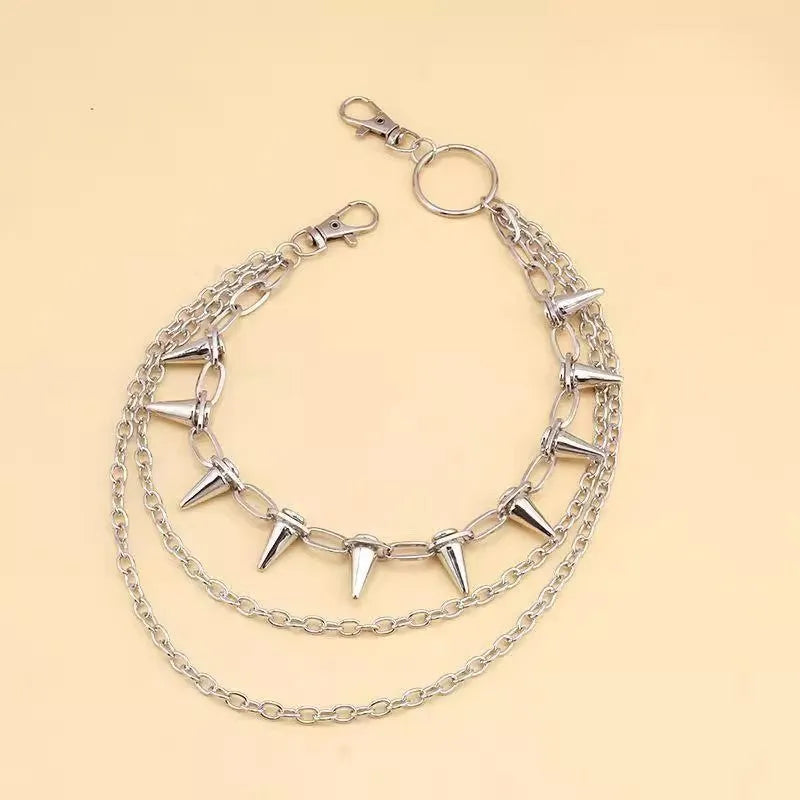 Silver metal alloy pants chain with dark punk rivet detailing and double layer construction