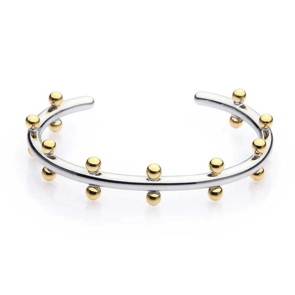 Adjustable C-shaped bracelet with round stainless steel bean beads on an alloy chain.