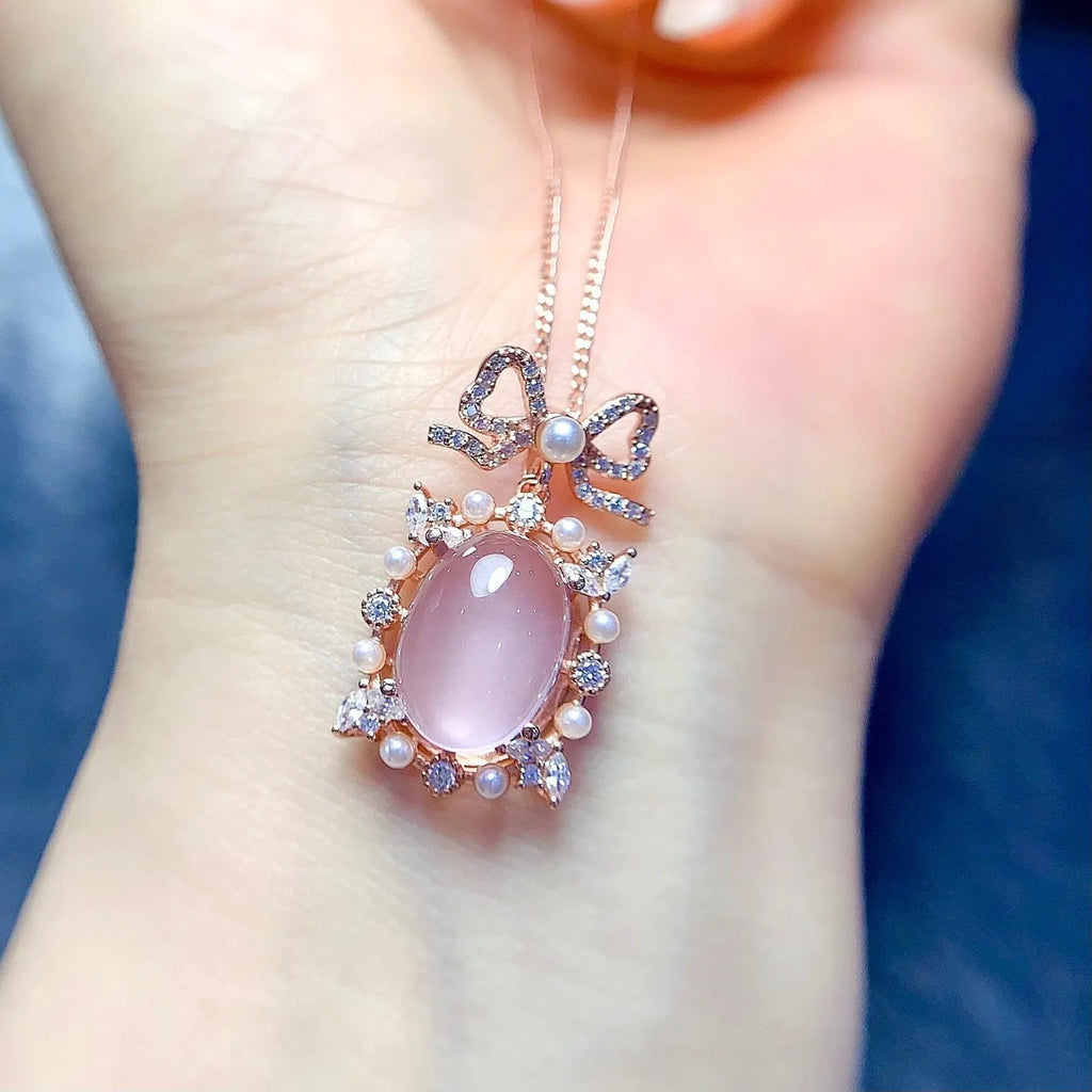 Pink rose quartz geometric pendant in silver with rose gold plating on alloy necklace chain