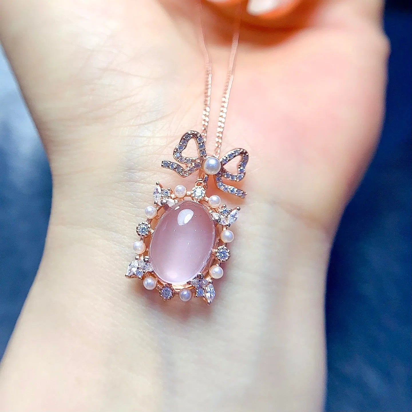Pink rose quartz geometric pendant in silver with rose gold plating on alloy necklace chain