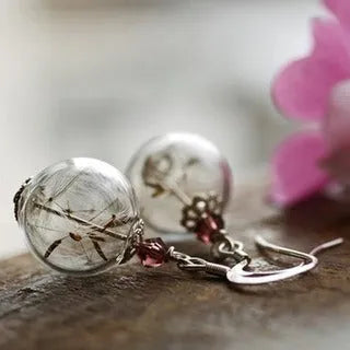 Transparent glass ball earrings with dandelion seed design on French hooks, 16mm diameter