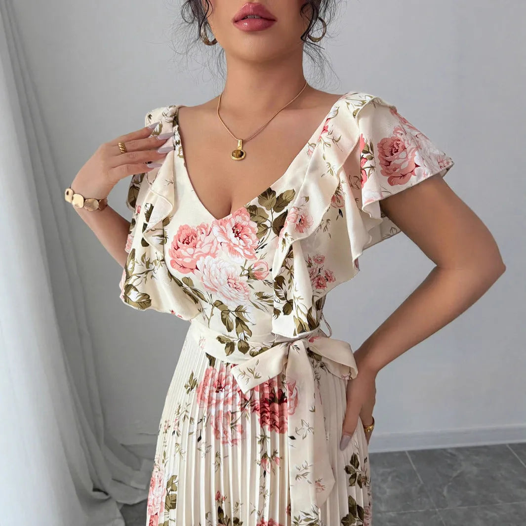 Women's apricot floral print V-neck dress with ruffled sleeves and swing skirt