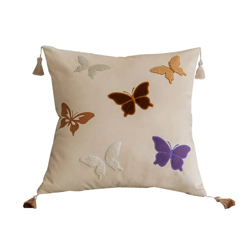 Chinese embroidery butterfly pattern cushion in beige, black, and purple colours