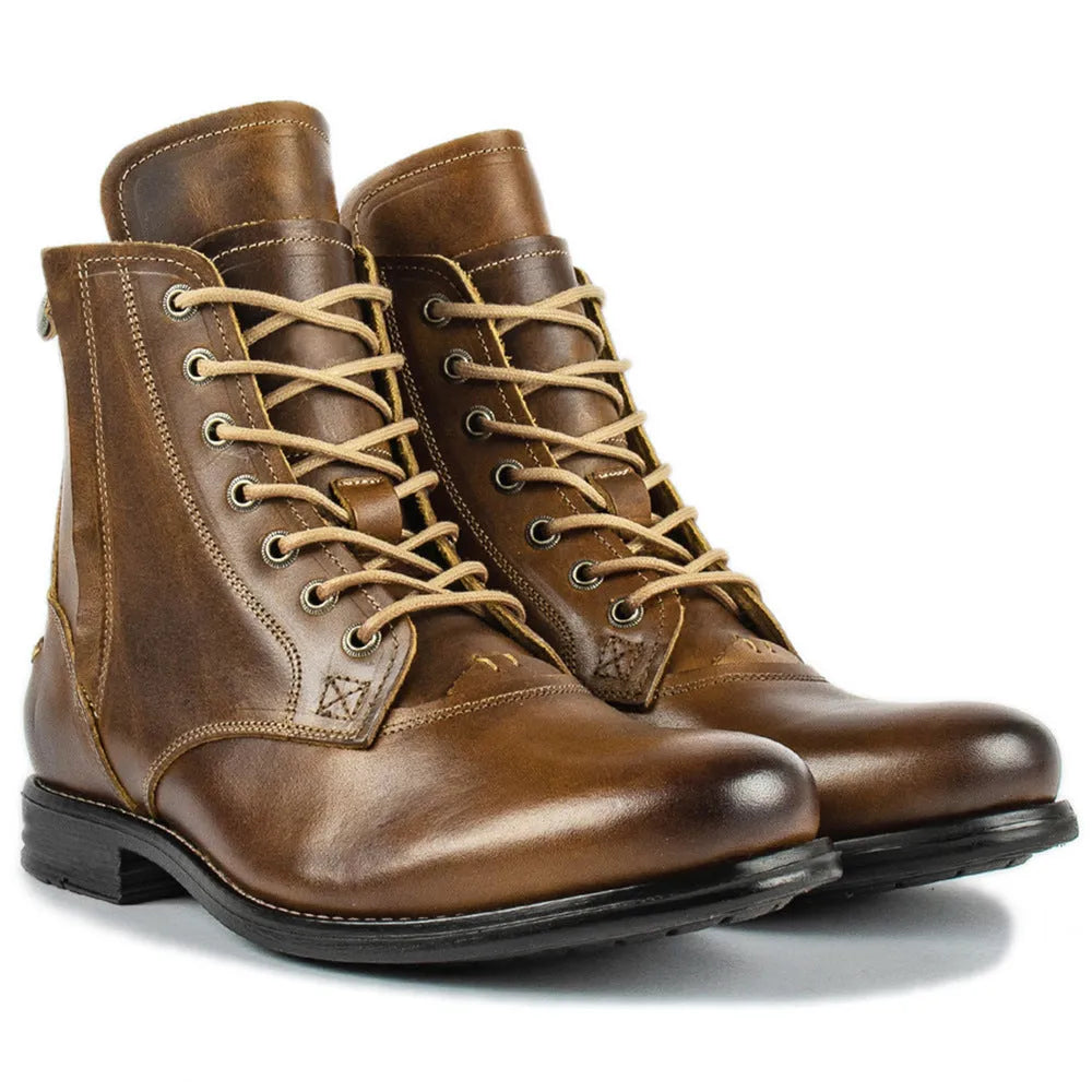 Knight Series two-tone black and brown men's leather boots with side zip.