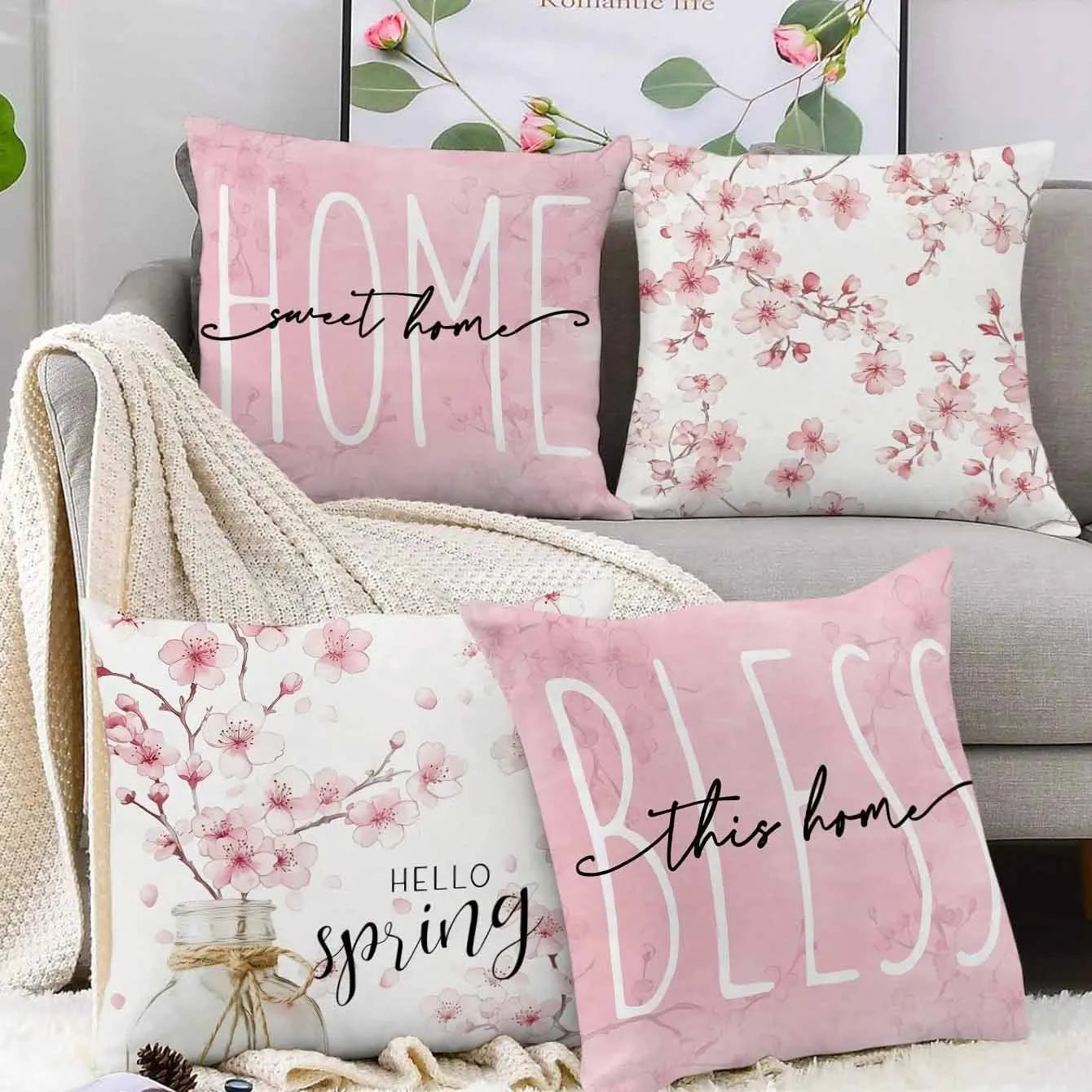 45cm square short velvet cushion cover with printed cherry blossom and letter design