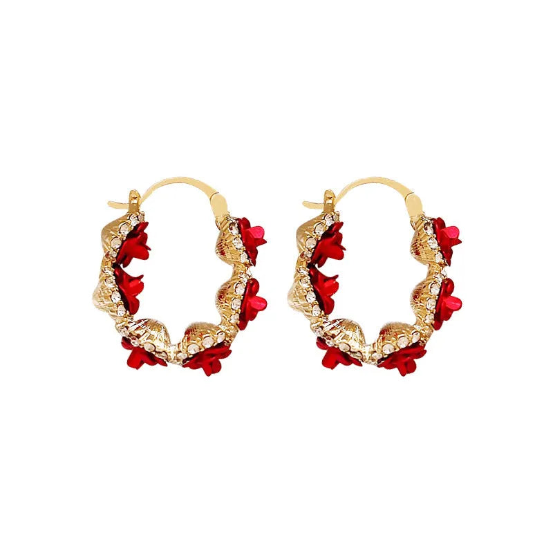 Red alloy clip-on earrings with flower shape and rose-inspired design for women