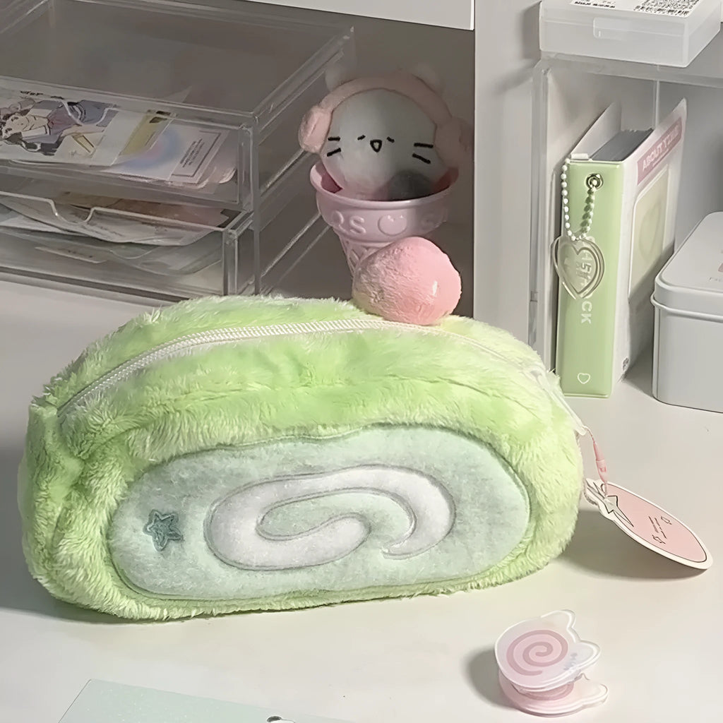 Honeydew colour velvet Swiss roll cake design pencil case with Korean style organisation
