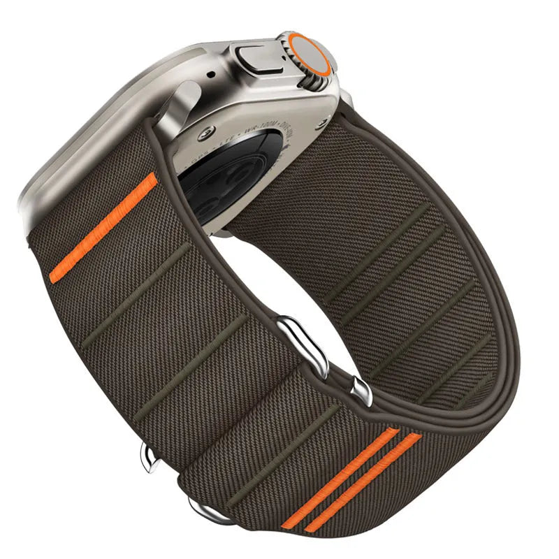 Elastic nylon sport loop strap with stainless steel buckle for Apple Watch, shown in multiple colour options.