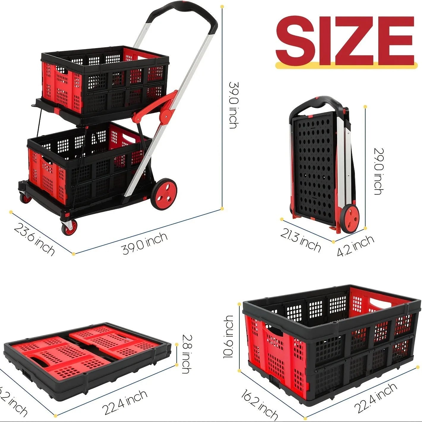 Blue foldable shopping cart with two plastic baskets stacked, showing wheels and handle.