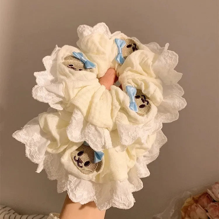 Bear blue bow lace large intestine hair ring made from elastic polyester cloth fabric