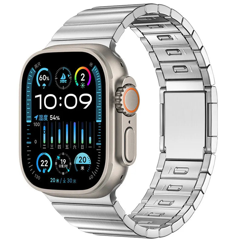 Stainless steel magnetic buckle Apple Watch strap in business style on a wrist.
