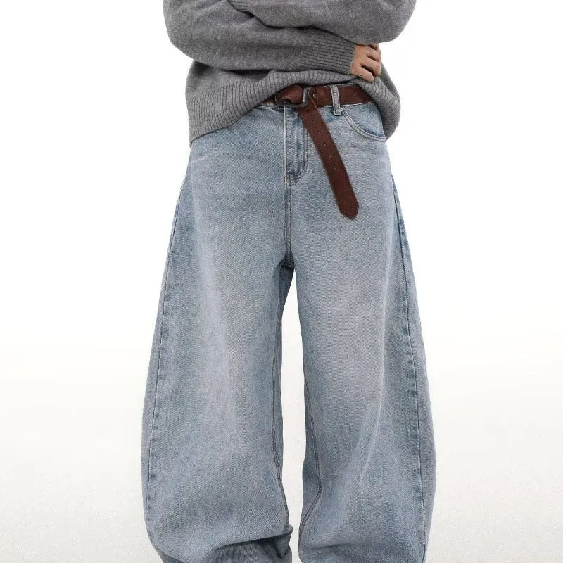 Men's blue retro washed distressed straight jeans with mid waist and zipper fly, casual denim trousers