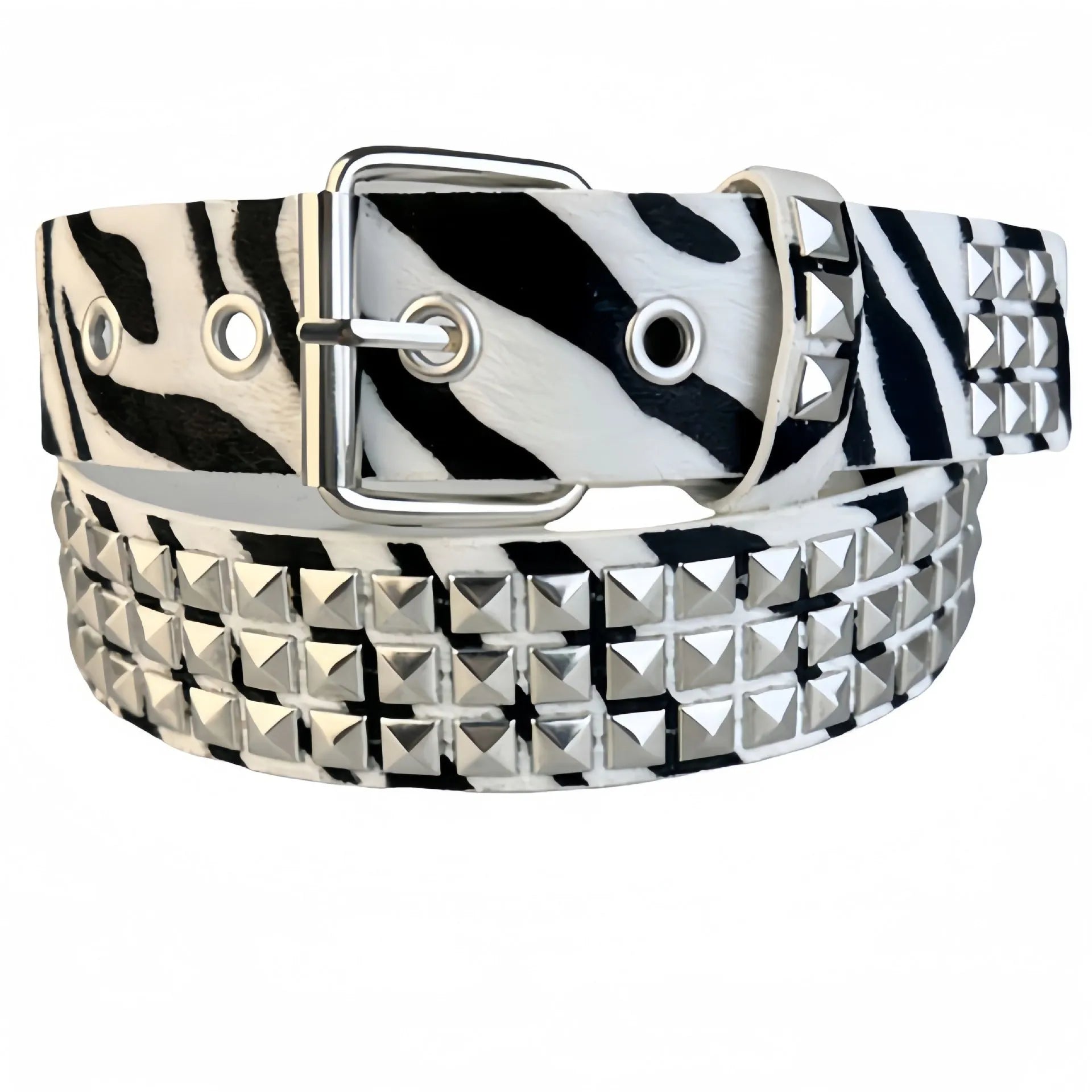 Women's punk fashion belt with metal rivets and pyramid studs in leopard print pattern