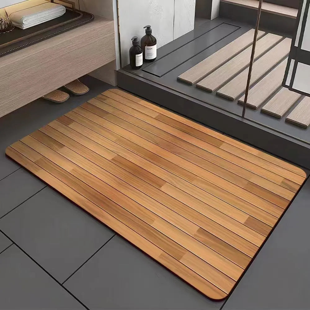 American wood grain diatomite bath mat with geometric pattern in bathroom setting