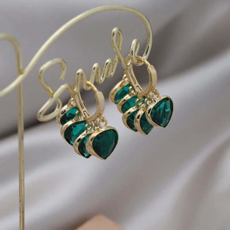 Green heart-shaped Korean style ear clip earrings with alloy gemstones and copper pendant
