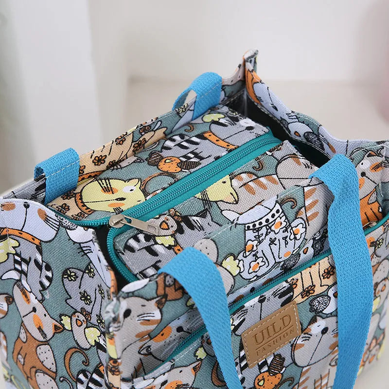 Women's printed canvas bag with flower patterns, thickened aluminium handles, and horizontal square shape
