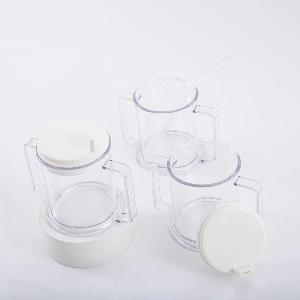Transparent spill-proof drinking cup with modern design measuring 14cm tall