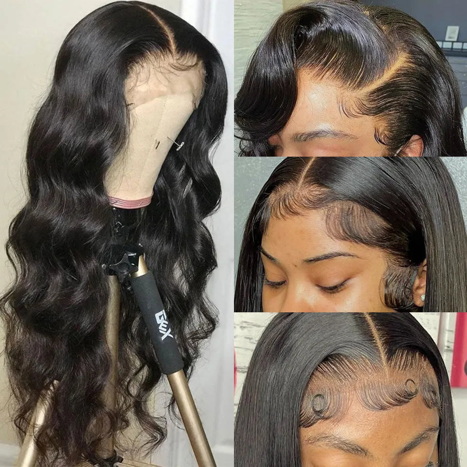 Black synthetic front lace wig with long curly hair and side bangs shown at 30 inch length