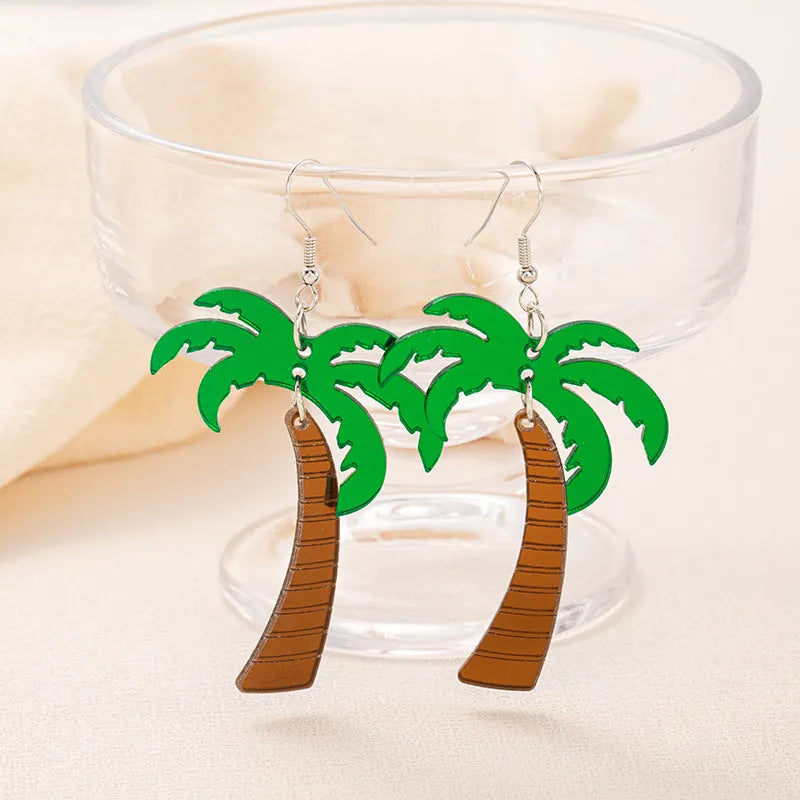 Acrylic drop earrings with coconut design on alloy hooks, shown in five colour variations.