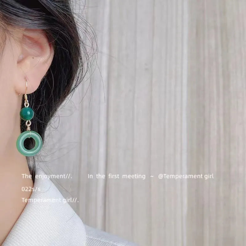 Green jade design geometric peace buckle earrings with 14K gold plating on zinc alloy