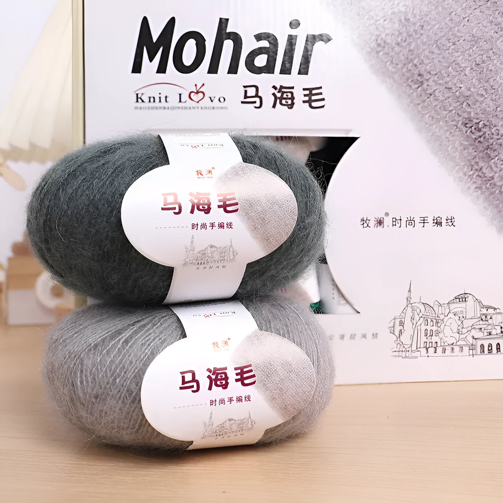 Mohair wool ball and thread for DIY hand-woven scarf knitting kit in multiple colours