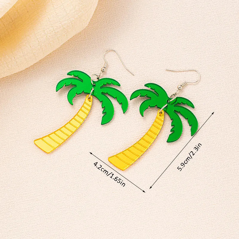 Acrylic drop earrings with coconut design on alloy hooks, shown in five colour variations.