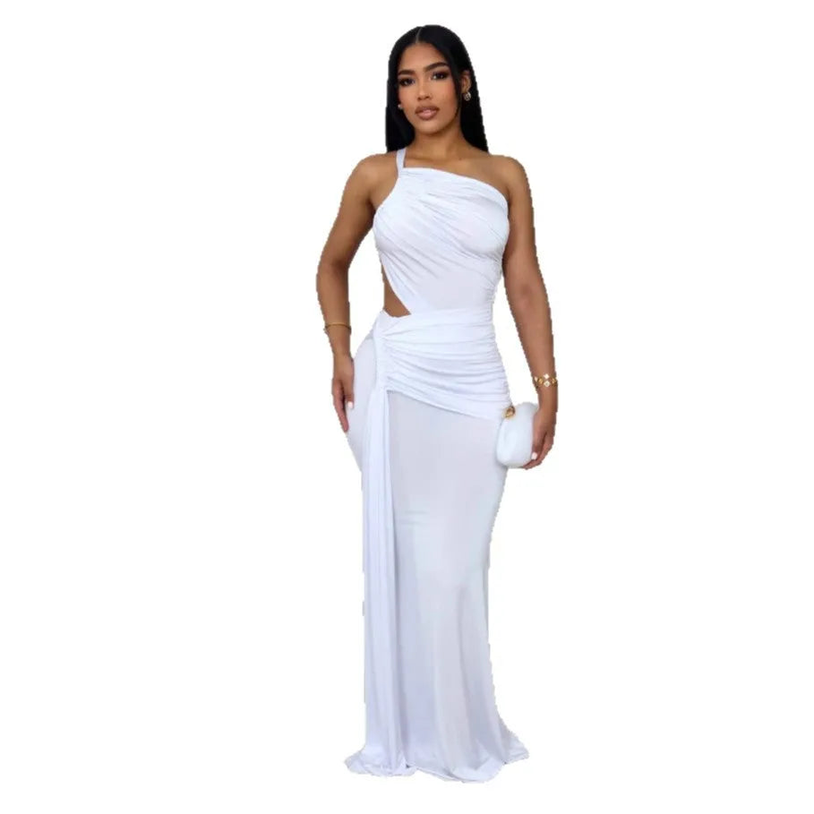 Women's solid colour one shoulder pleated dress in milk silk polyester fabric