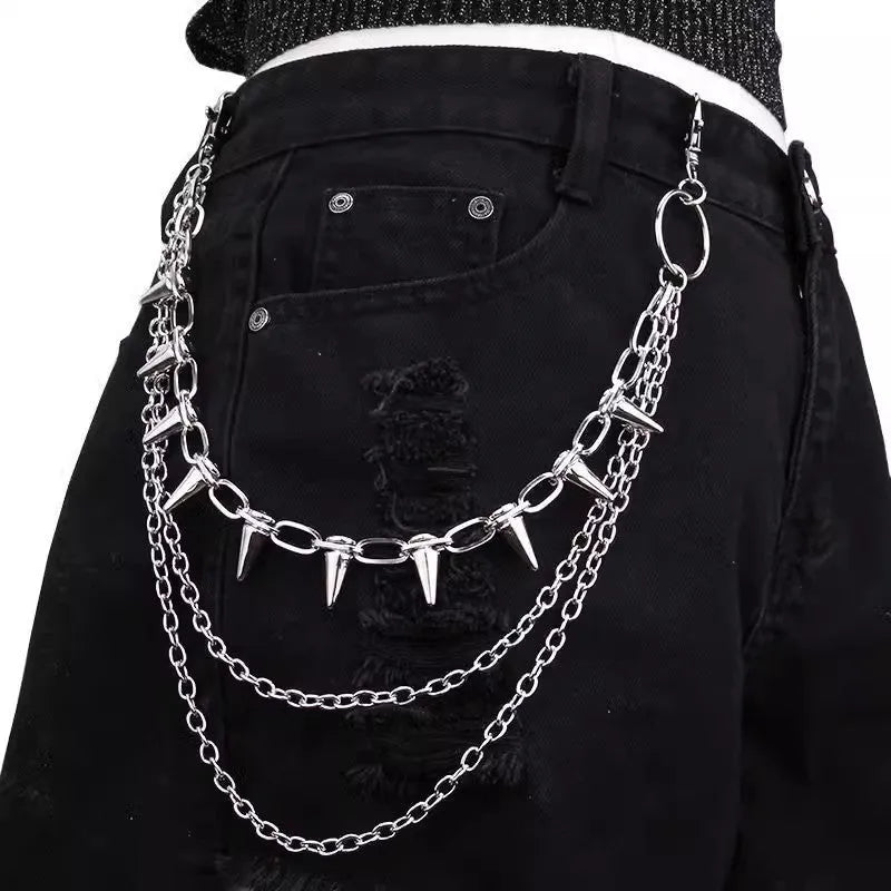 Silver metal alloy pants chain with dark punk rivet detailing and double layer construction