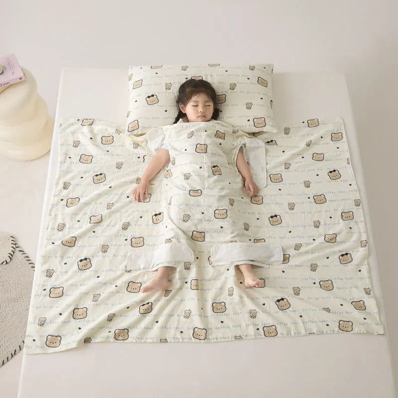 Light blue anti-kick summer blanket with antibacterial filler on a bed