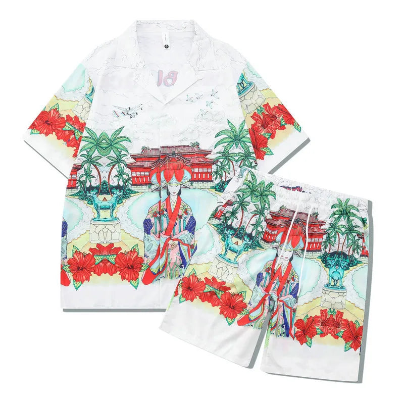 Plaid patterned beach outfit set with short sleeve shirt and matching trousers on a man