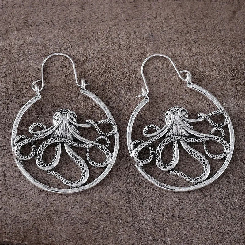 Vintage octopus earrings in antique silver finish with detailed animal zodiac design